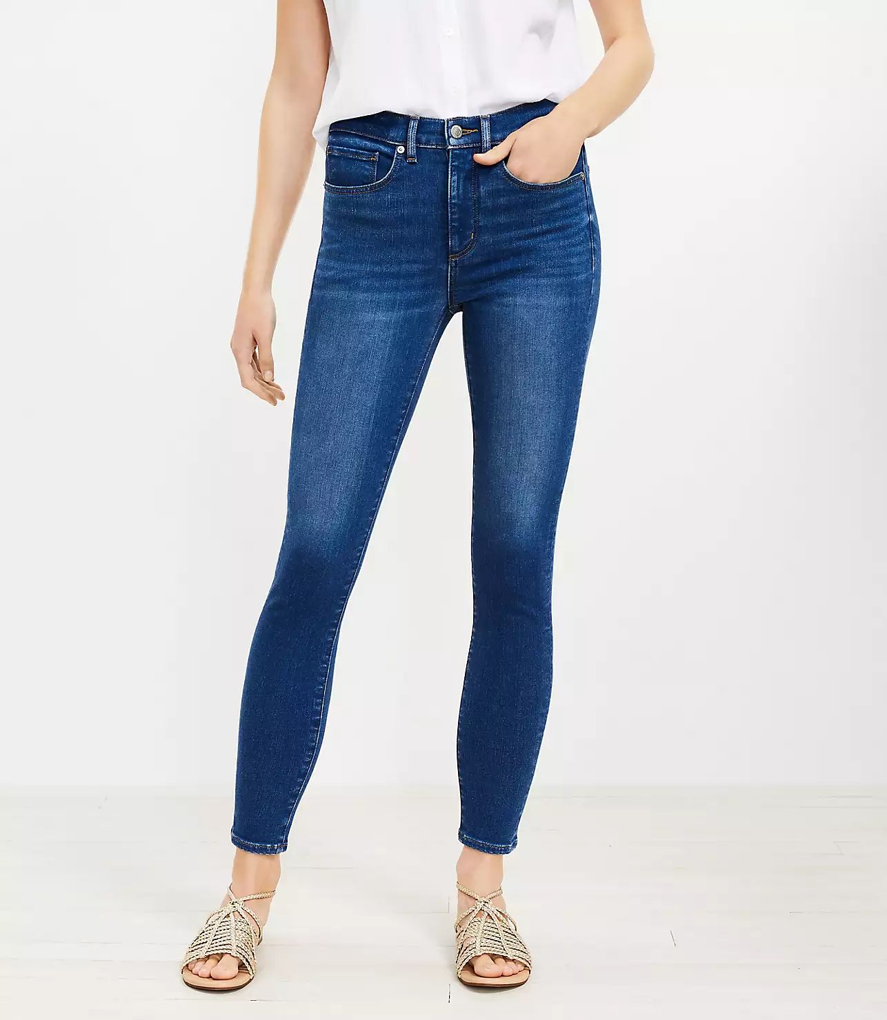 Petite Mid Rise Skinny Jeans in Bright Mid Indigo Wash | LOFT