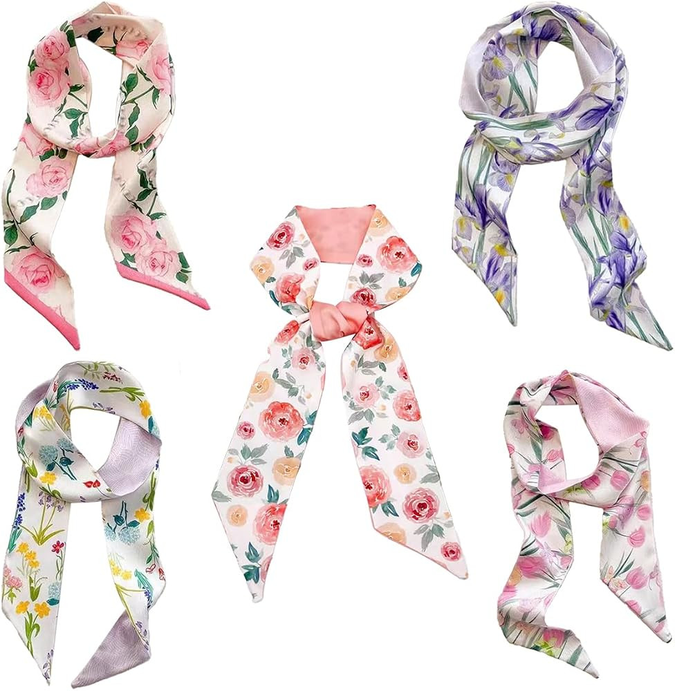 5 Pcs Flower Purse Scarf for Handbag, Women's Head Hair Scarves Satin Neck Scarves, for Spring Pr... | Amazon (US)