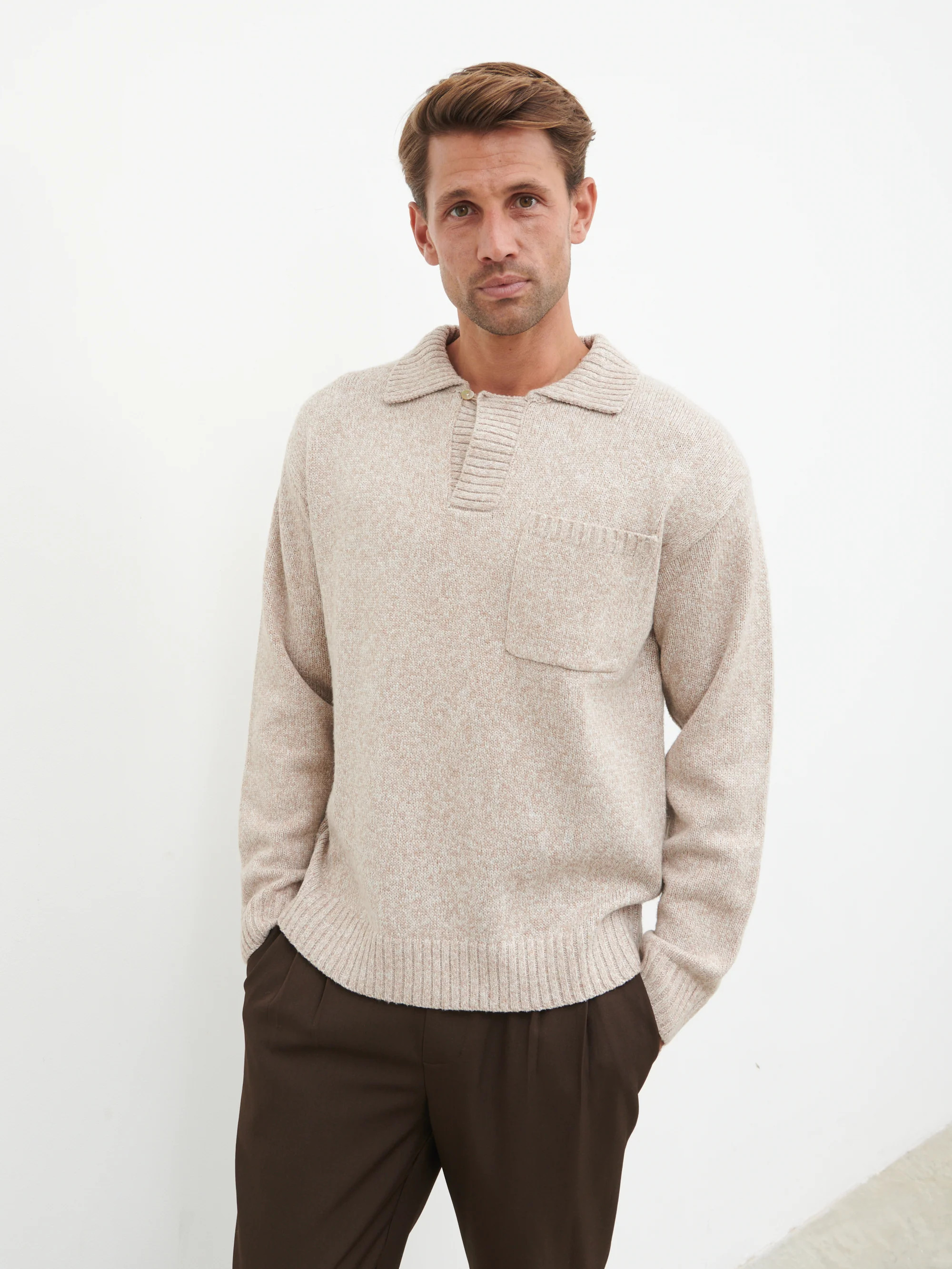 Maynard Pocket Detail Knit Jumper - Light Beige Marl | NOBL