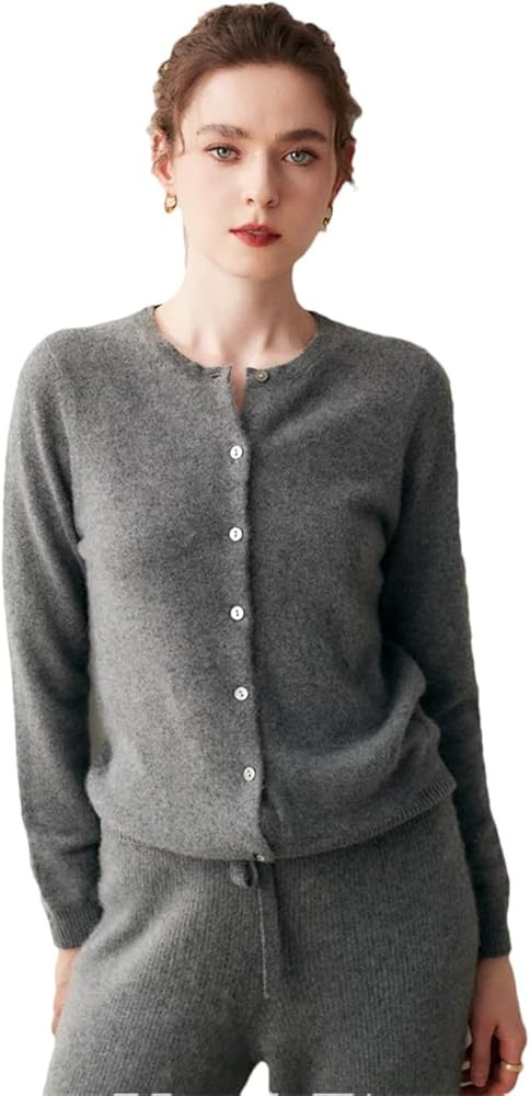 Long Sleeve Solid Cardigan Womens 100% Cashmere Crewneck Sweater Single Breasted Knit Jerseys | Amazon (US)