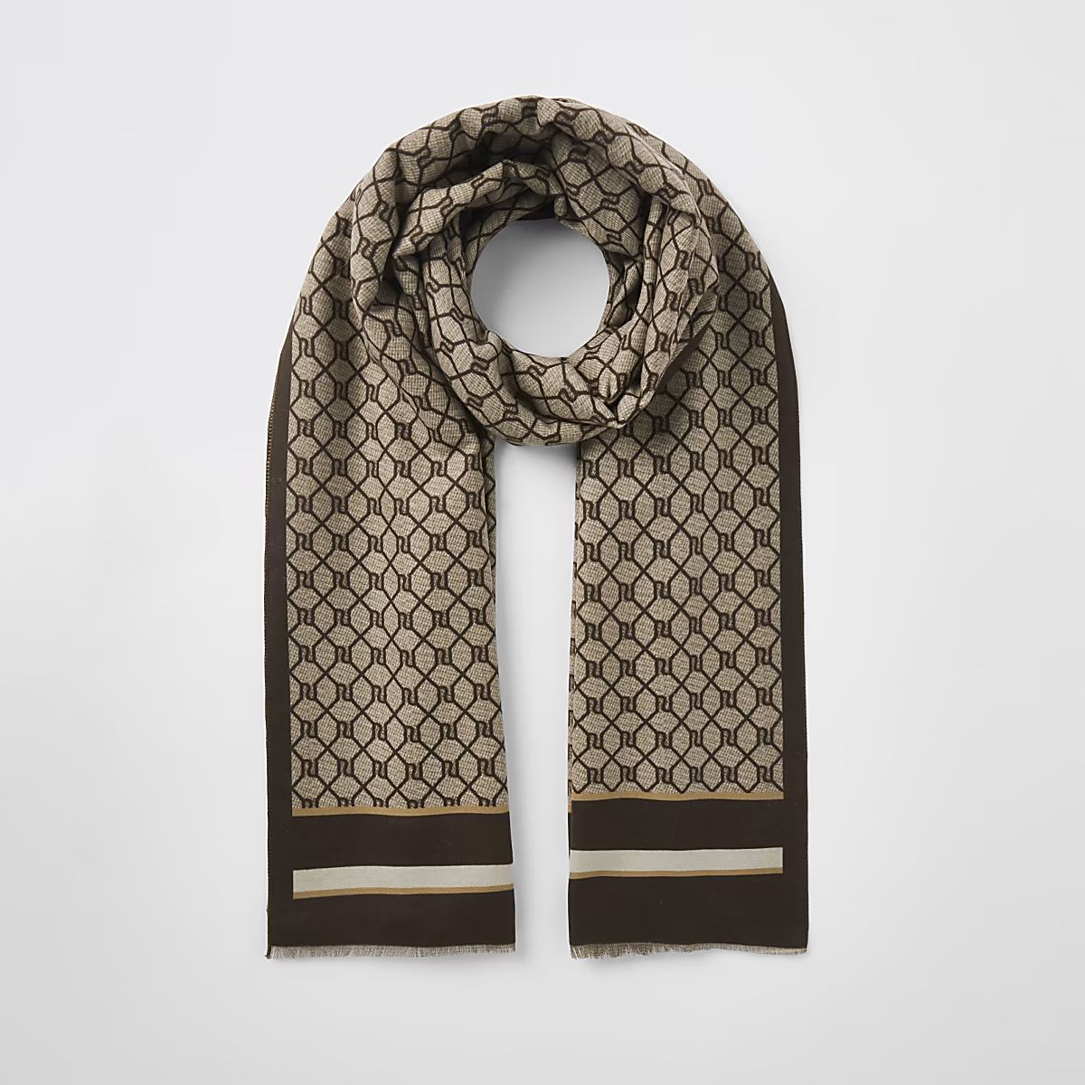 Brown RI monogram print scarf | River Island (UK & IE)