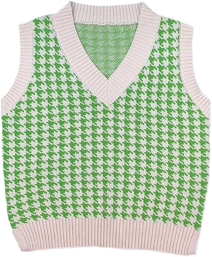 Sdencin Women Houndstooth Pattern Knit Sweater Vest Sleeveless Loose V-Neck 90s Waistcoat Pullove... | Amazon (US)