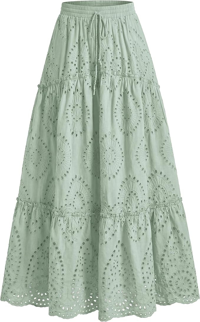 BTFBM Long Skirts for Women Summer 2026 Boho Lace Embroidery High Waist Flowy Tiered Spring Maxi ... | Amazon (US)