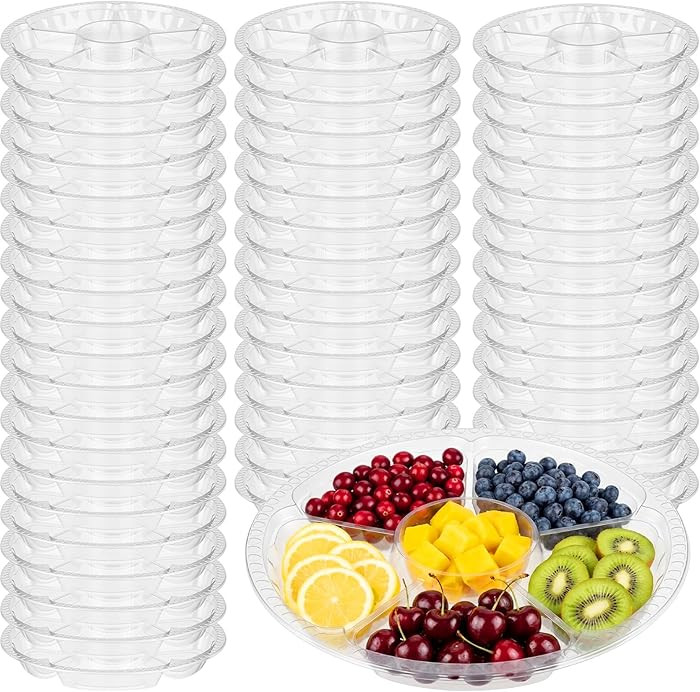 Rtteri 50 Pcs Round Plastic Fruit Trays for Serving Clear Veggie Tray 6 Divided Compartment Conta... | Amazon (US)