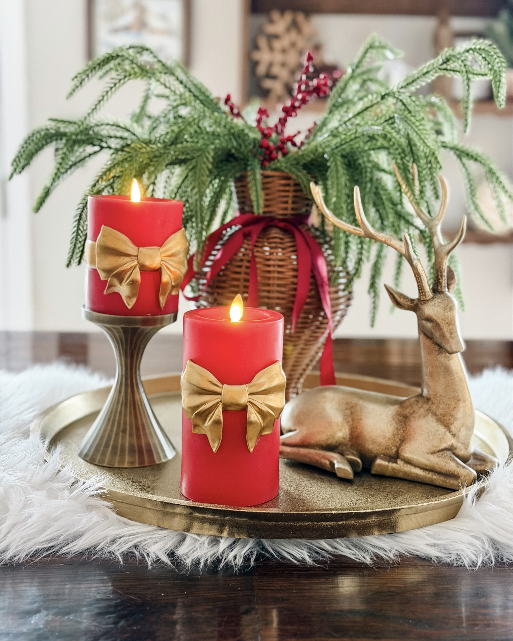 Elevate classic holiday candlelight with the festive charm of our Holiday Red with Gold Bow Pillar. Hand-poured in rich red wax, this flameless pillar is accented with a hand-painted golden ribbon tied into a sculpted bow at its center. Glowing with Luminara’s signature moving-flame technology, this design blends timeless elegance with joyful detail. Pair it with other seasonal favorites for a radiant, worry-free display that shines throughout the holiday season

#LTKHome #LTKHoliday #LTKSeasonal