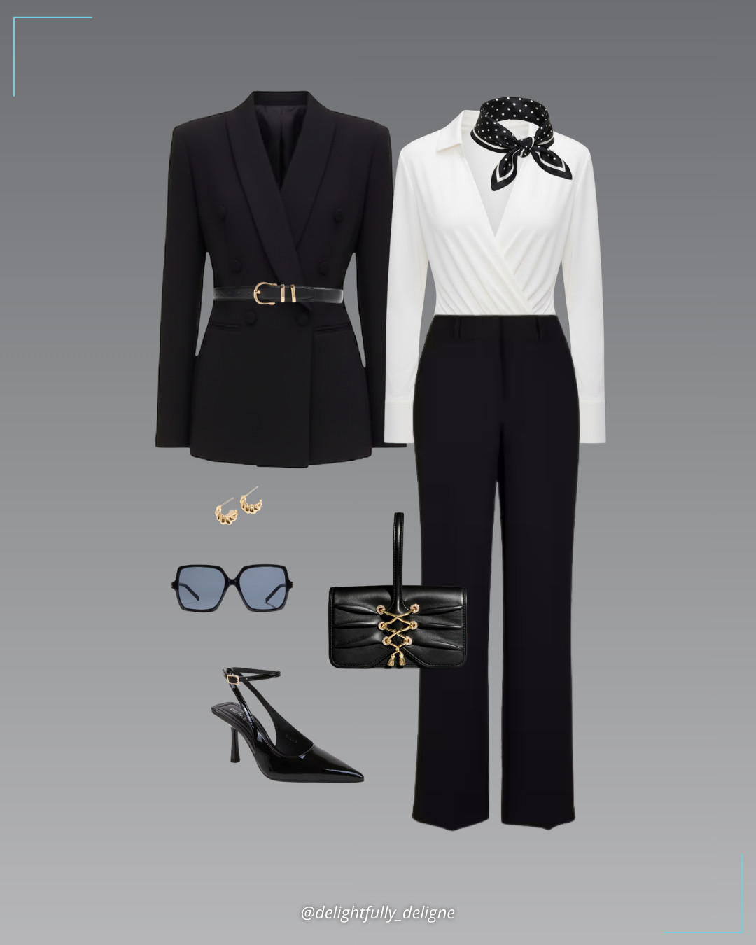 Classic Dynamite 🤍🖤 Sculpt collared bodysuit, Camelia airflow clean straight-leg pants, shawl-collar blazer, satin-feel scarf, classic faux-leather belt, crisscross ankle-strap stiletto heels, lace-up wristlet, 3-pack huggie hoop earrings & oversized ’70s square sunglasses. 

 #LTKgrwm #LTKootd #LTKOver40