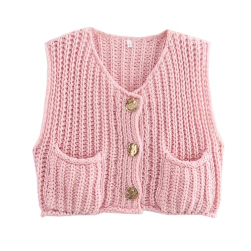 Women's Sleeveless Chunky Knit Cardigan V-Neck Button Down Vest Casual Loose-Fitted Crochet Sweater with Pockets 2024 Pink | Amazon (US)