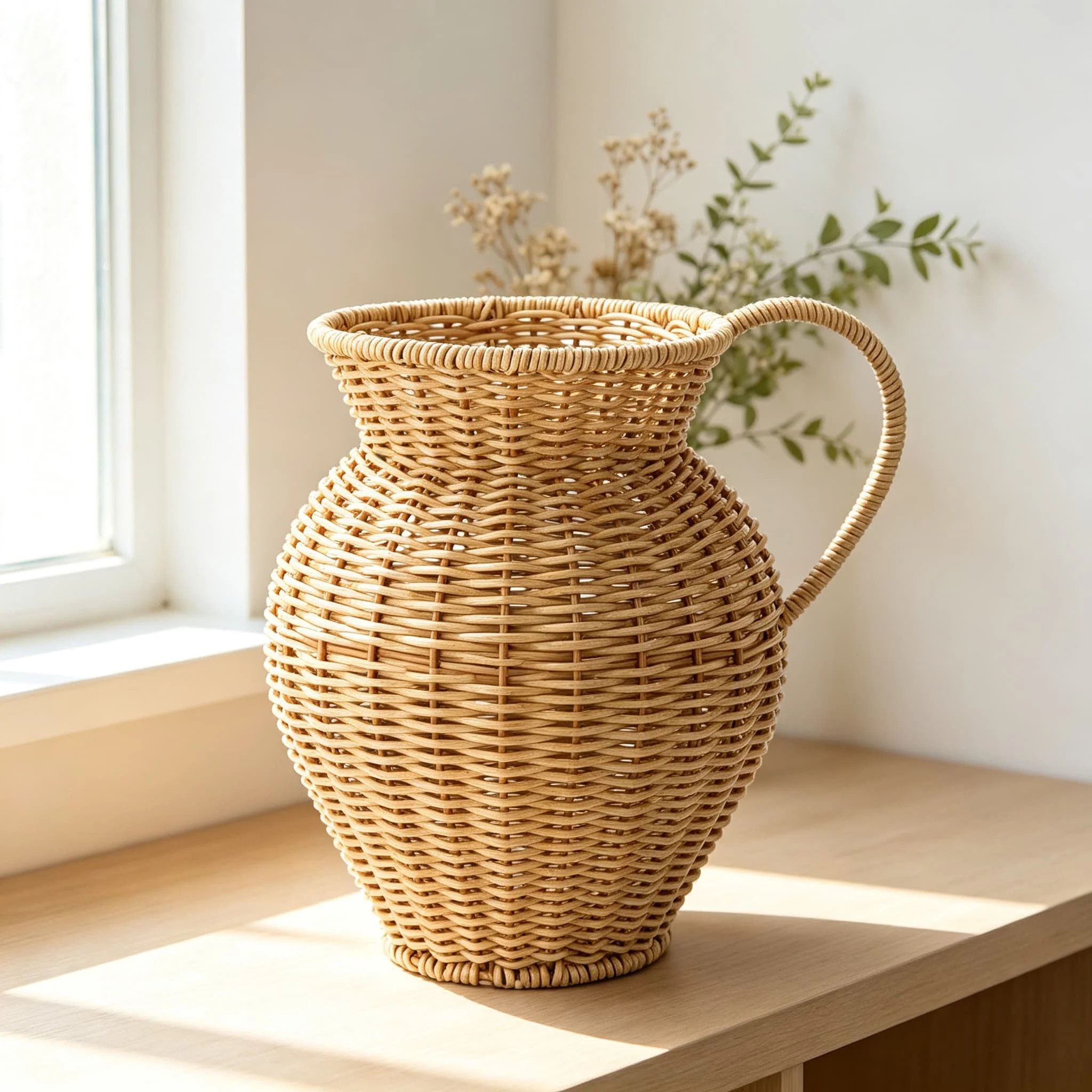 Faux Rattan Vase Handwoven Wicker Vase with Handle, Rustic Farmhouse Country Style Decorative Vase for Dried Flowers Artificial Plants, Indoor Outdoor | Wayfair North America