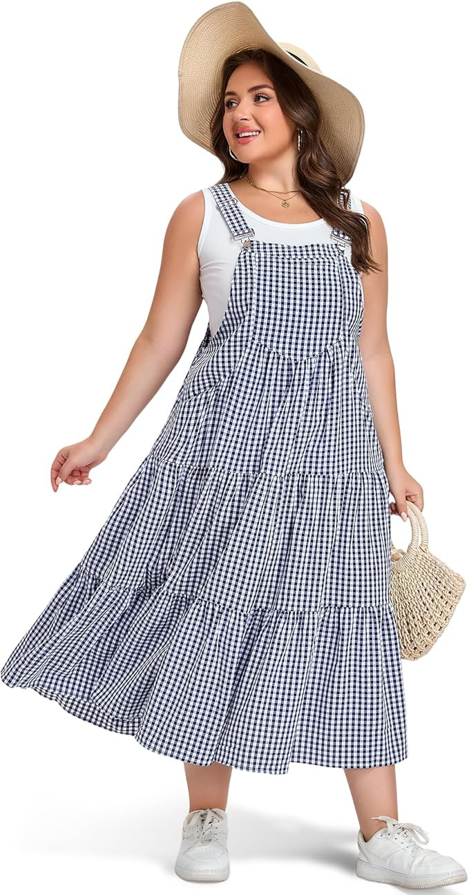 Moon Wood Women Plus Size Plaid Overall Dress with Pockets Adjustable Strap Jumper Dress Summer C... | Amazon (US)