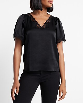 Satin Lace Trim Short Sleeve Top | Express