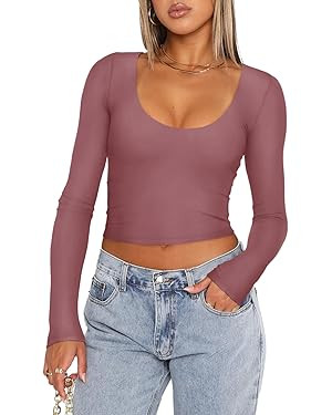 REORIA Women's Casual Scoop Neck Double Lined Long Sleeve Slim Fitted Tshirts Y2K Workout Crop To... | Amazon (US)