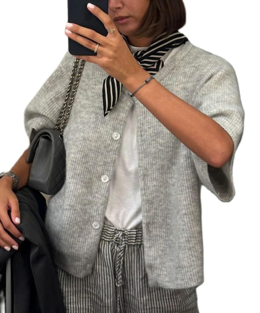 KMBANGI Women Knitted Cropped Blouse Short Sleeve Button Knit Shirt Crop Cardigan Y2k Open Front ... | Amazon (US)