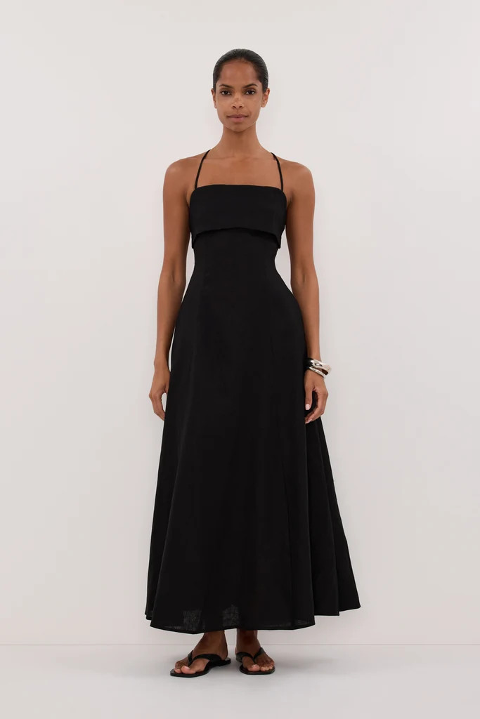 DANIELLA BLACK LINEN TIE BACK MIDI DRESS | DISSH