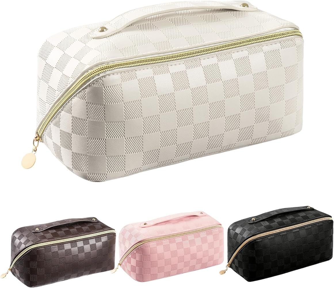 Makeup Bag - Large Capacity Travel Cosmetic Bag for Women, Multifunctional Open Flat Toiletry Bag... | Amazon (US)