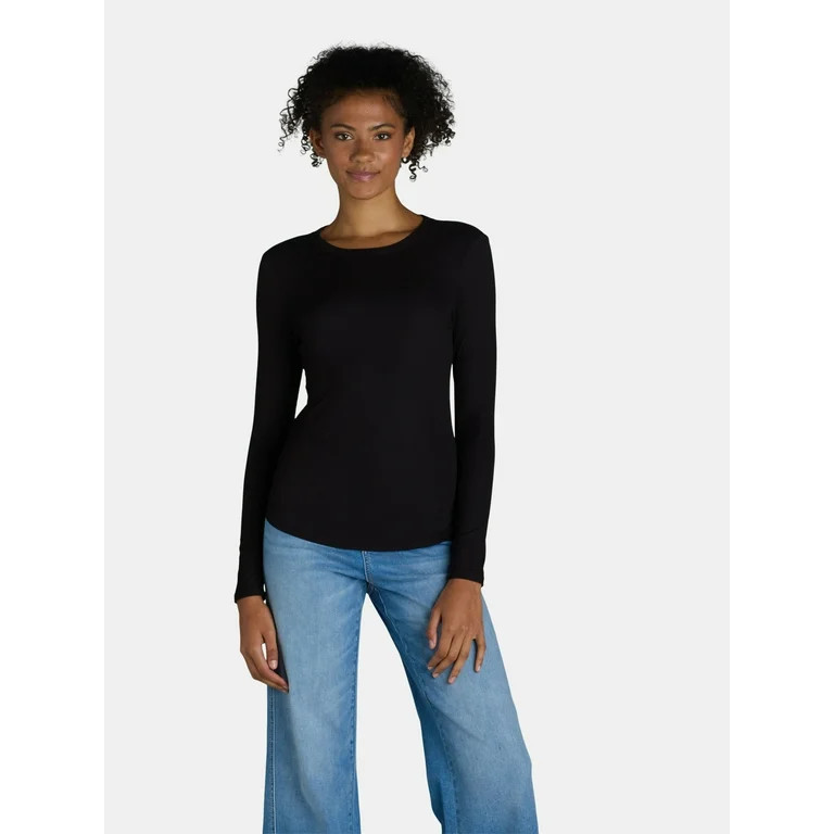 No Boundaries Ribbed Crewneck Tee with Long Sleeves, 1 or 2-Pack, Women's - Walmart.com | Walmart (US)