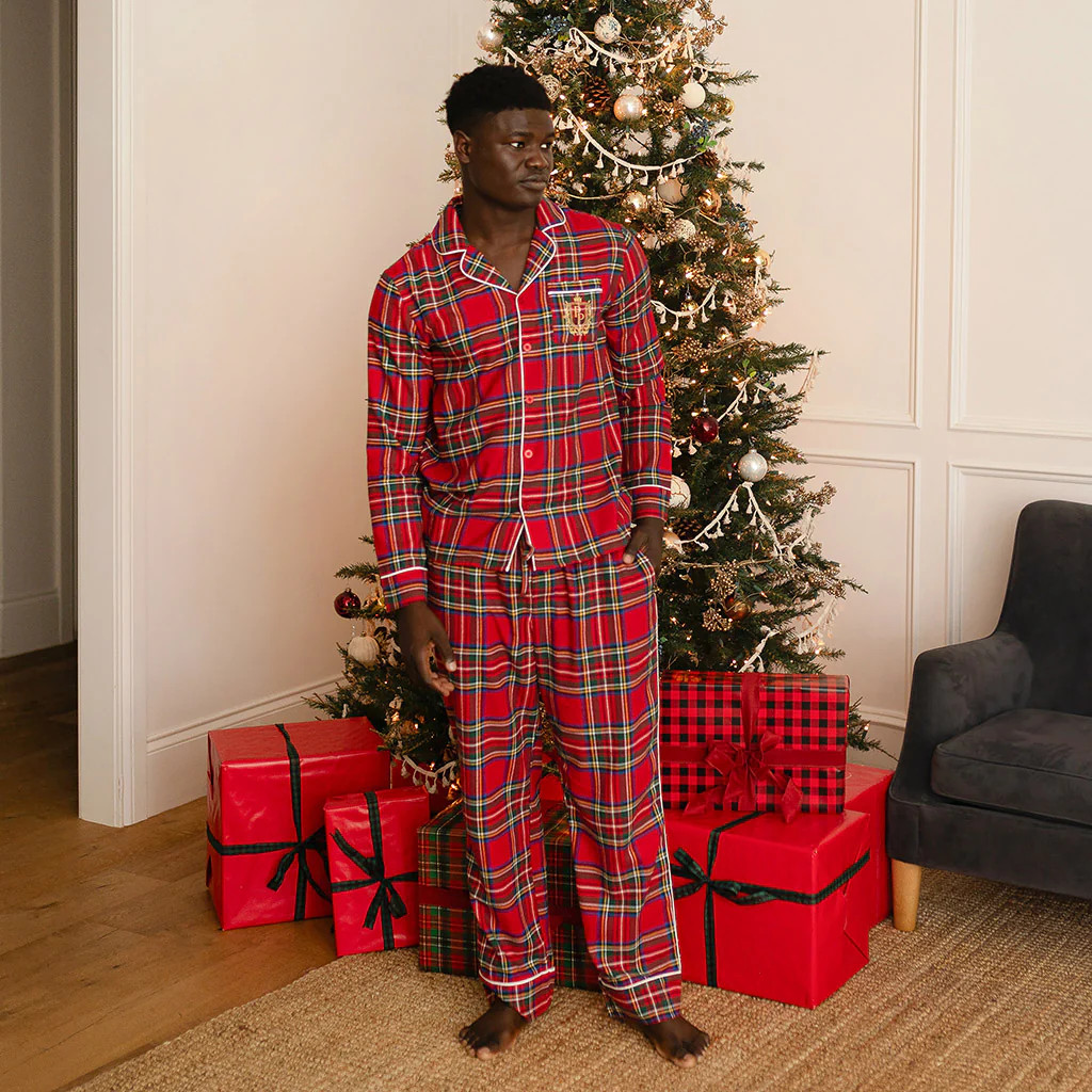 Holiday Red Long Sleeve Luxe Men's Pajamas | Red Tartan Plaid | Posh Peanut