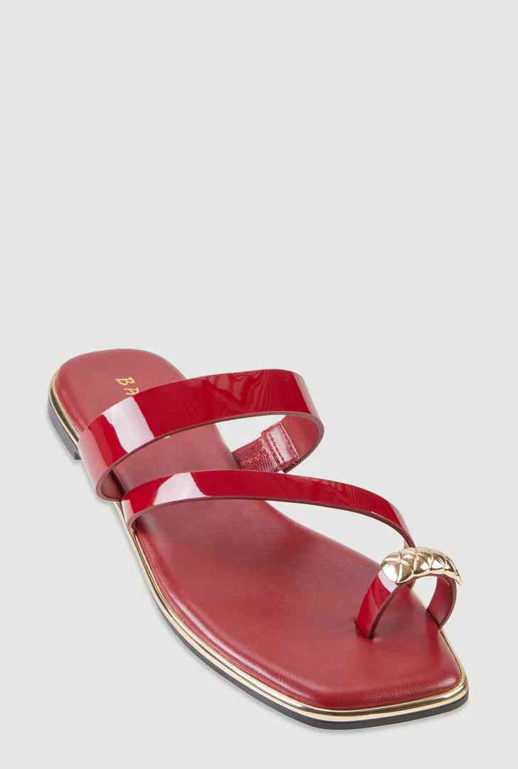 Metallic Toe Loop Asymmetrical Strappy Slide Sandals | Rainbow Shops
