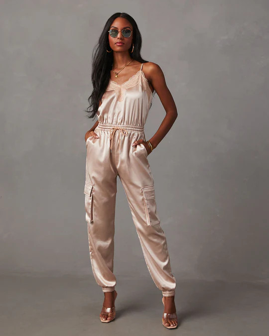 Fall & Femme Satin Drawstring Cargo Jumpsuit | VICI