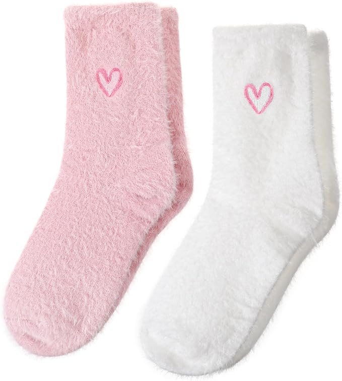 2 Pairs Super Soft Fuzzy Socks for Women, Winter Embroidered Heart Sleeping Socks Comfy Thermal C... | Amazon (US)