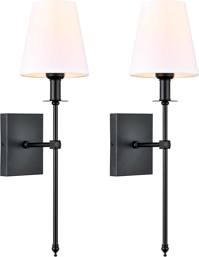 Passica Decor Modern Matt Black Wall Sconce Set of Two, with Vertical Rod and White Fabric Flared... | Amazon (US)