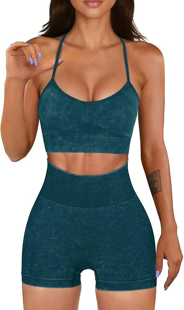 OQQ Workout Outfit for Women 2 Piece Seamless Acid Wash High Waist Shorts With Sports Bra Exercise S | Amazon (US)