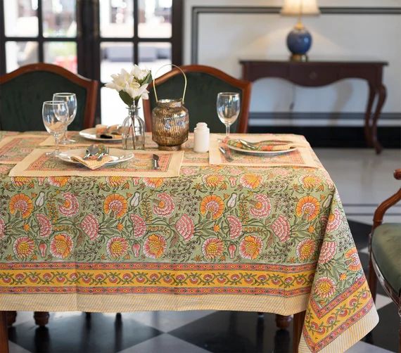 Indian Floral Block Print Tablecloth Cotton Table Cover Linens - Etsy | Etsy (US)