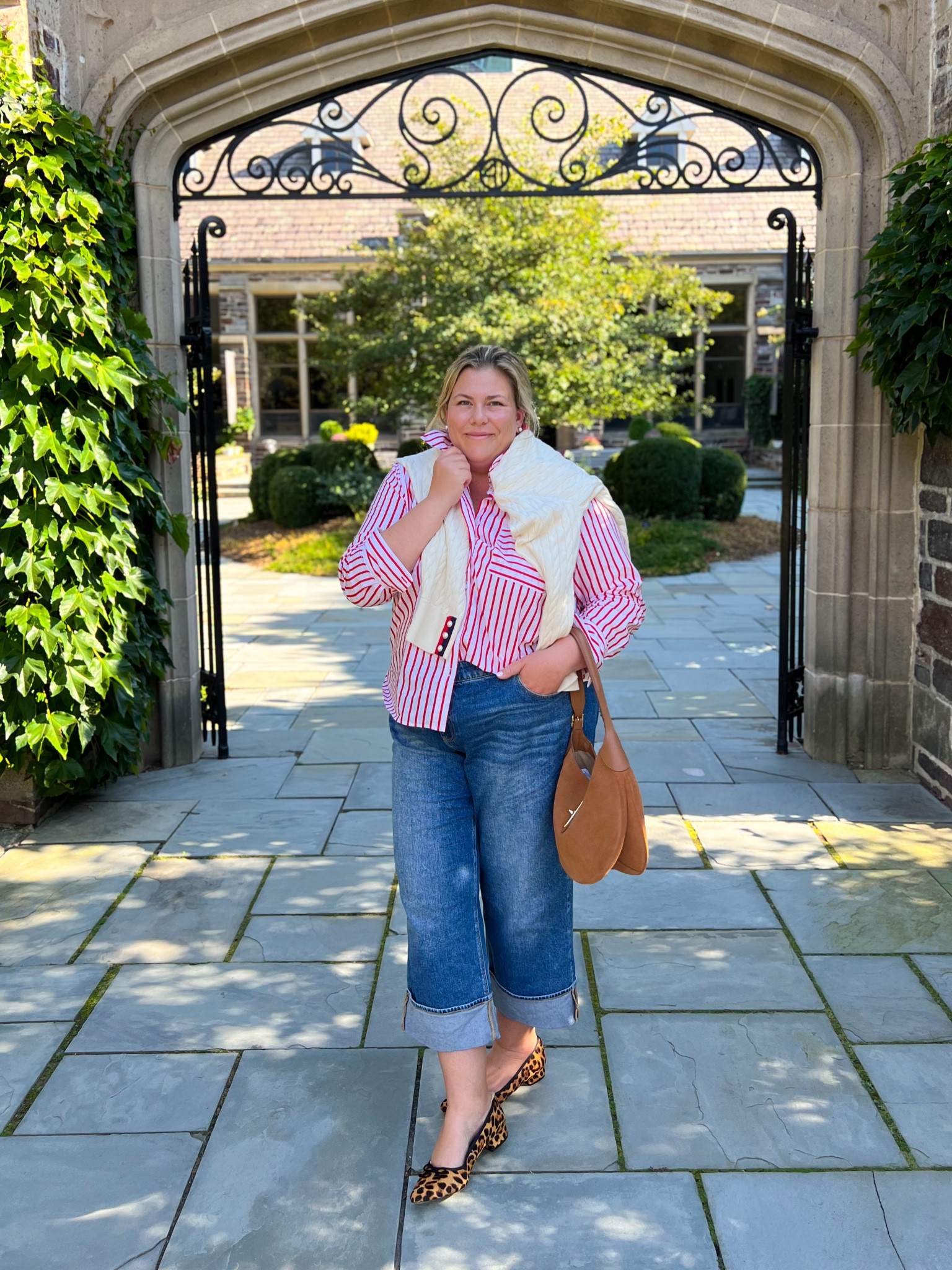 Exploring Princeton in a classic and timeless fall outfit. My favorite Talbot jeans paired with a striped button down, cable v-neck sweater, and leopard flats. Fall style, preppy, denim jeans, fall shoes, brown handbag, fall purse 

#LTKPlusSize #LTKStyleTip #LTKSeasonal