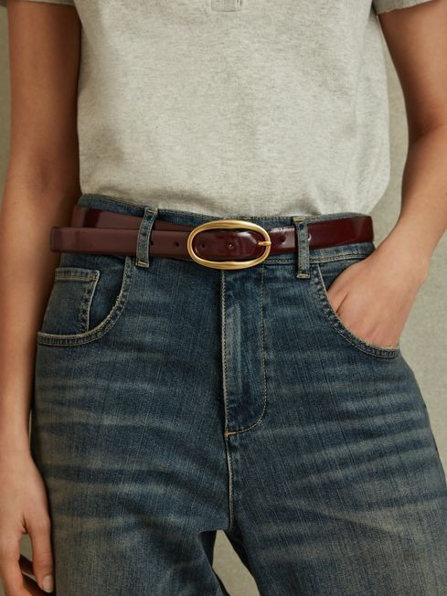 Patent Leather Oval Buckle Belt in Oxblood | Reiss UK