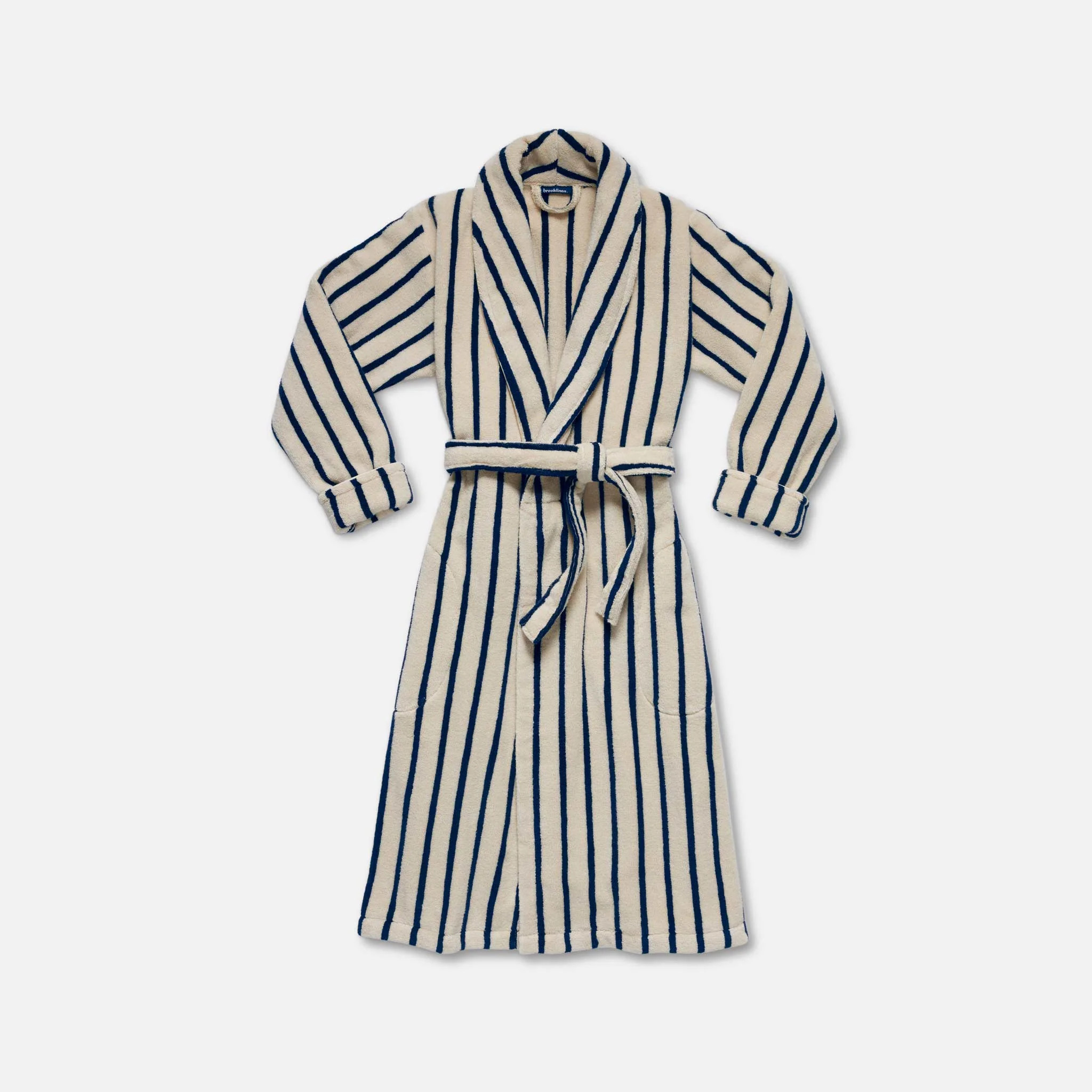 Brooklinen Super-Plush Robe Women's size Large in Striped Midnight Navy | Brooklinen