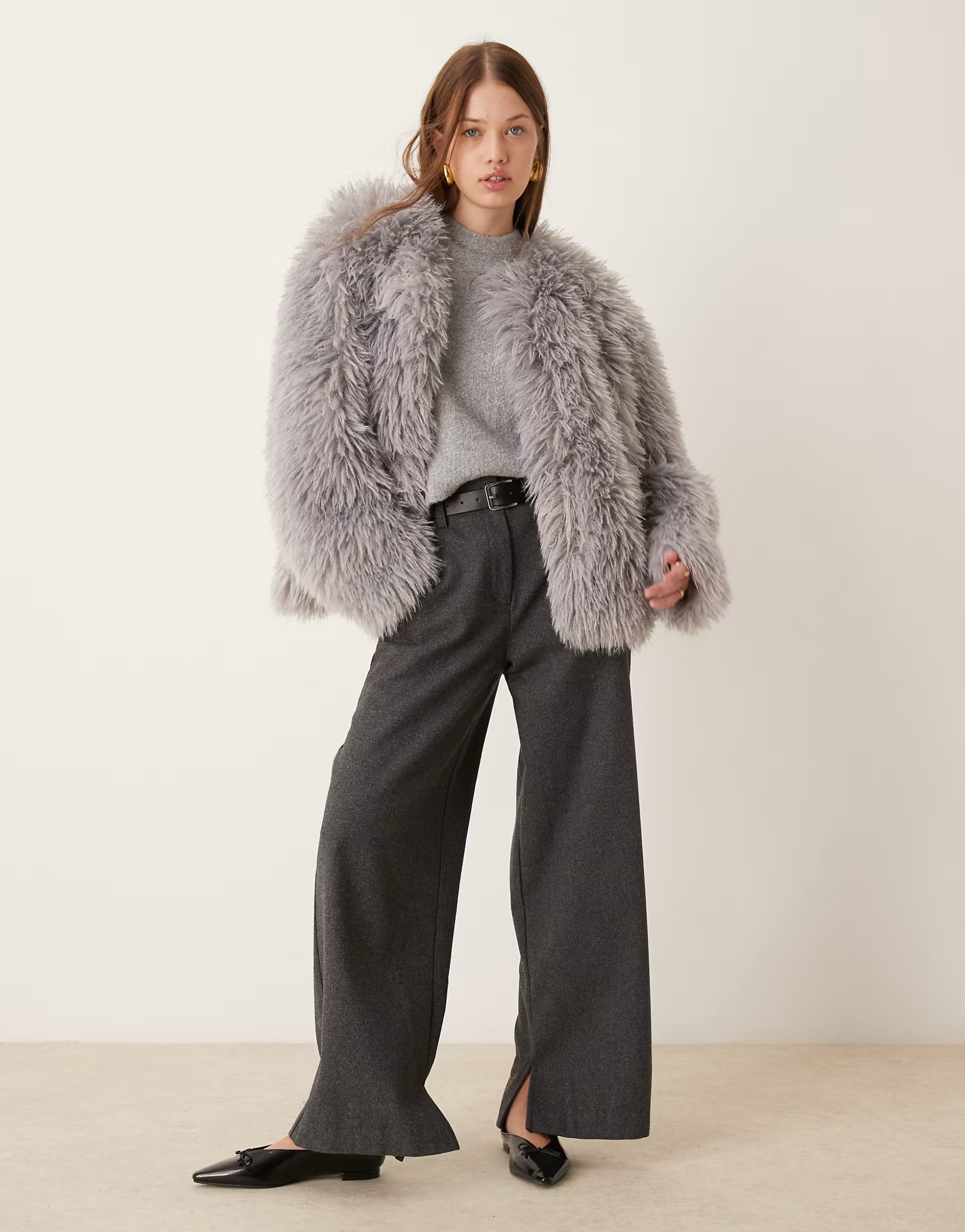 ASOS DESIGN faux mongolian fur jacket in grey | ASOS (Global)