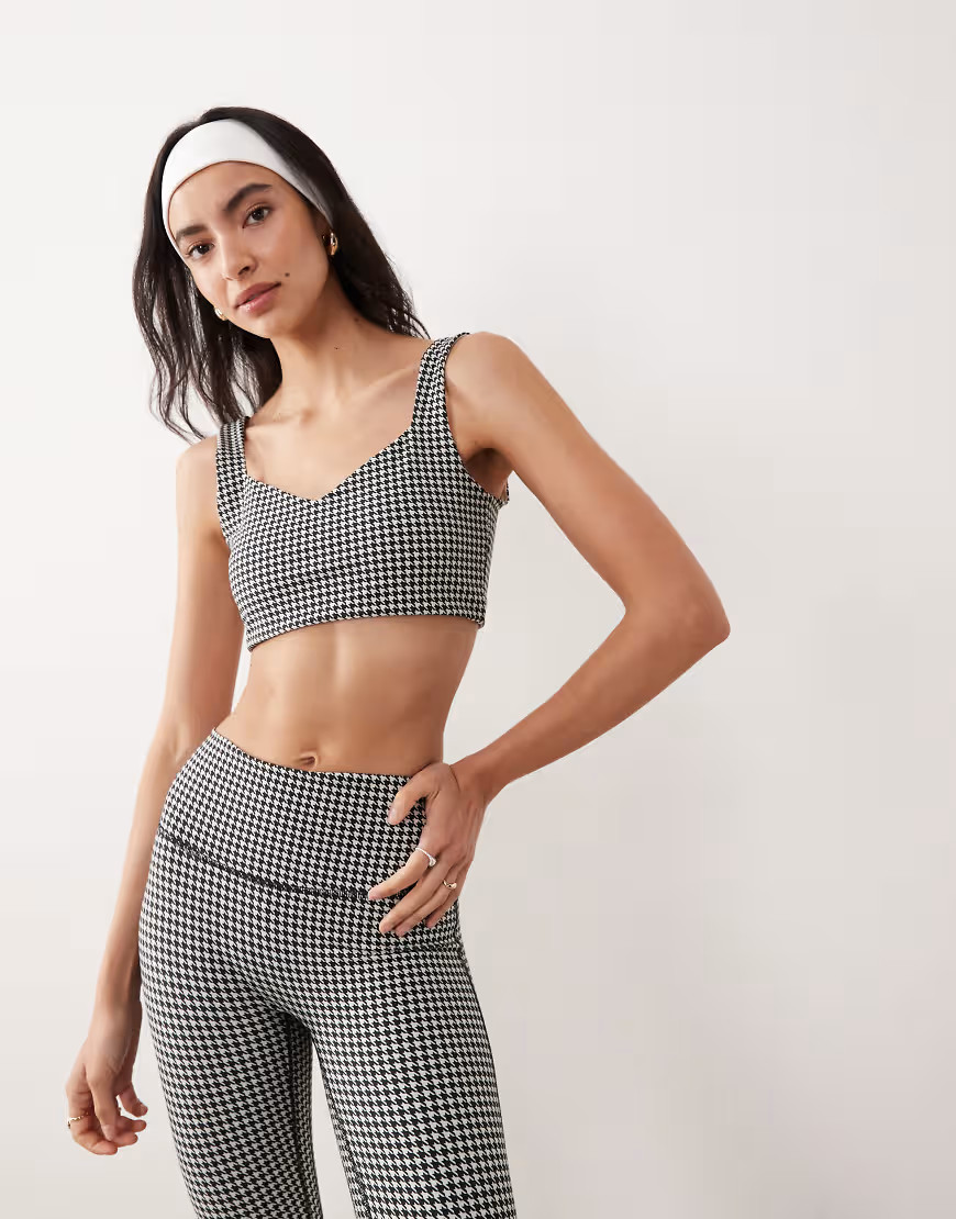 Abercrombie & Fitch YPB sweetheart neckline sports bra in black houndstooth - part of a set | ASOS (Global)