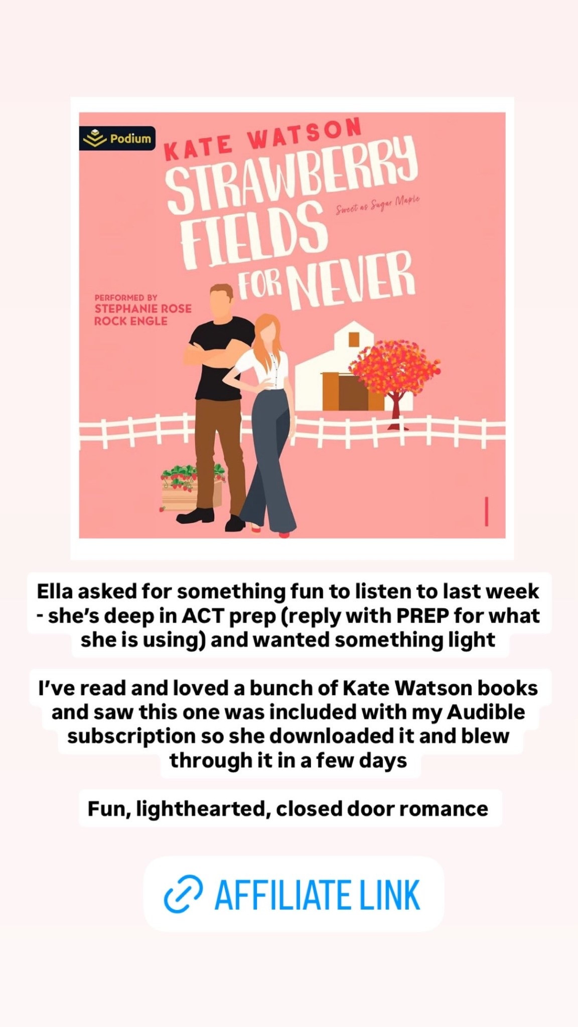 The audiobook that helped my teen get through her ACT test prep!

It was included in my Audible subscription - fun, lighthearted, closed door romance.