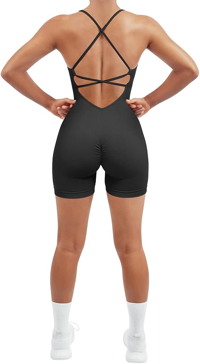 SUUKSESS Women Strappy Romper Seamless Jumpsuit Tummy Control Padded Sports Bra | Amazon (US)