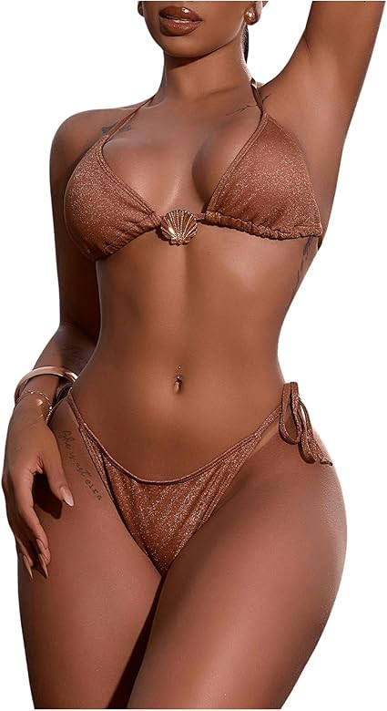 Milumia Women's Shiny Bikini Sets Shell Decor Halter Bikini Swimsuit Two Piece Bathing Suits | Amazon (US)