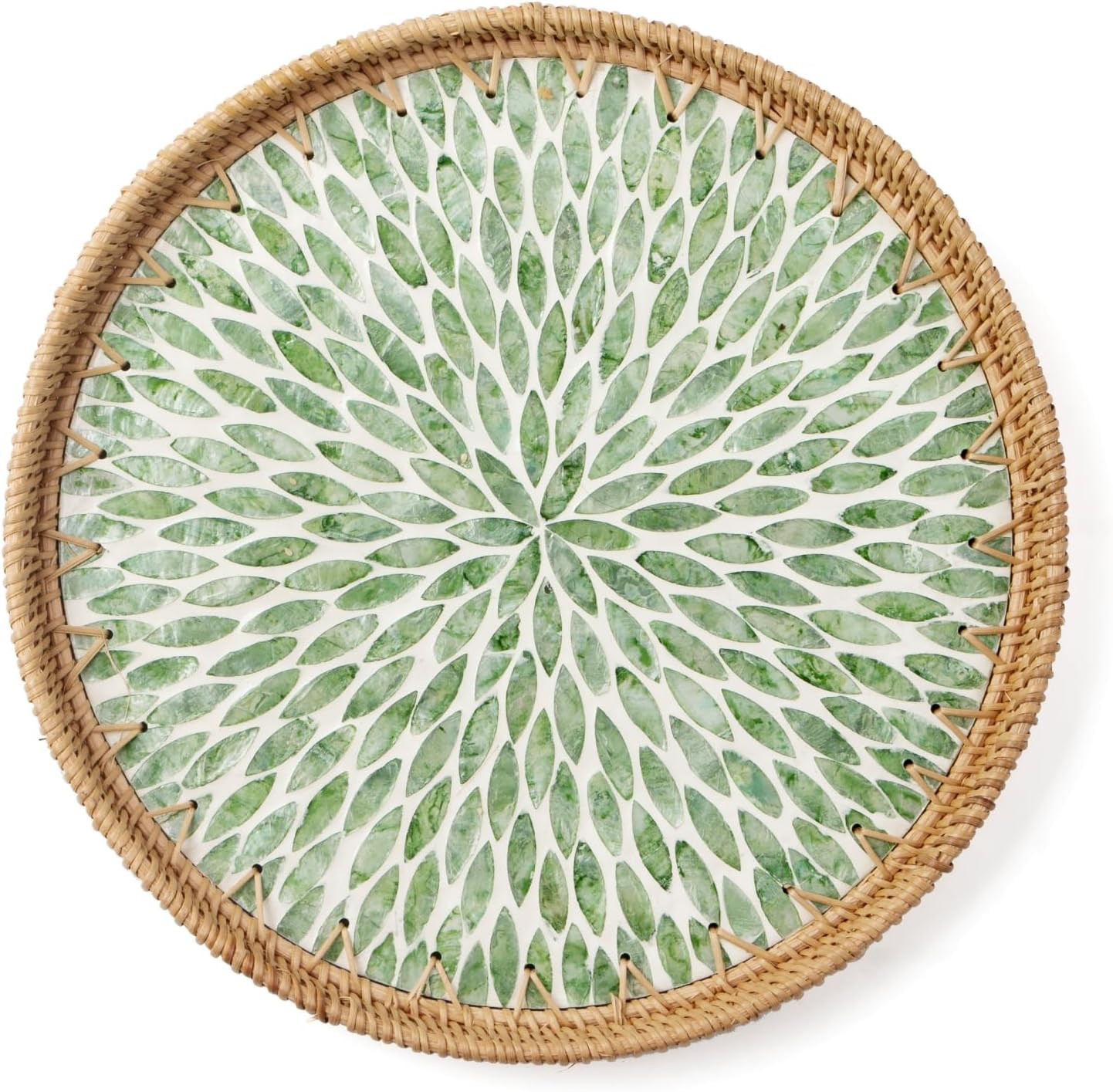 Round Rattan Tray with Mother of Pearl Inlay, Decorative Wicker Serving Tray with Wooden Base, Wo... | Amazon (US)