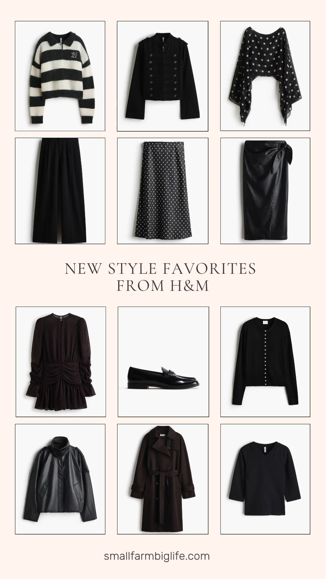 H&M's newest arrivals lean into a chic black and neutral palette with just the right amount of pattern mixed in. The black and white polka dot midi skirt and matching mesh cape are a fun coordinated moment, while the dark brown patterned short ruched chiffon dress adds a softer, dressier option to the mix.

For outerwear, the dark brown tie belt trench coat and the black oversized coated jacket are both strong statement pieces this season. The black button detail cotton twill jacket is a great lighter layer for in between weather.

Knitwear rounds things out nicely with the cream and dark green striped rib knit polo sweater for a preppy touch, plus a black fine knit cardigan and black v neck jersey top that work as easy everyday basics. On the bottom, the black wide leg dress pants and black coated tie detail skirt both bring a polished edge for work or a night out.

Finish the look with black penny loafers for a classic, versatile finish.

#hm #newarrivals #hmfashion #falloutfits #fallstyle 

 #LTKootd #LTKOver40 #LTKWorkwear