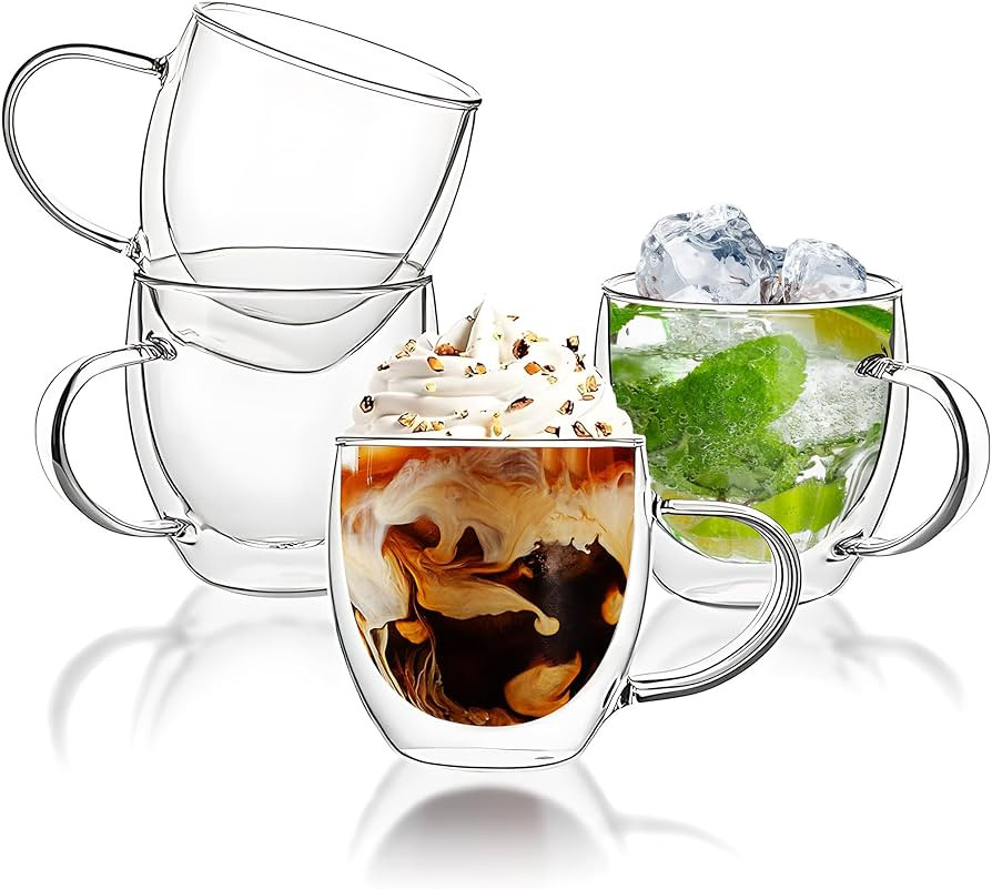 Set of 4 Double Walled Glass Coffee Mugs 6 Ounces Insulated Layer Coffee Cups with Handle Borosil... | Amazon (US)