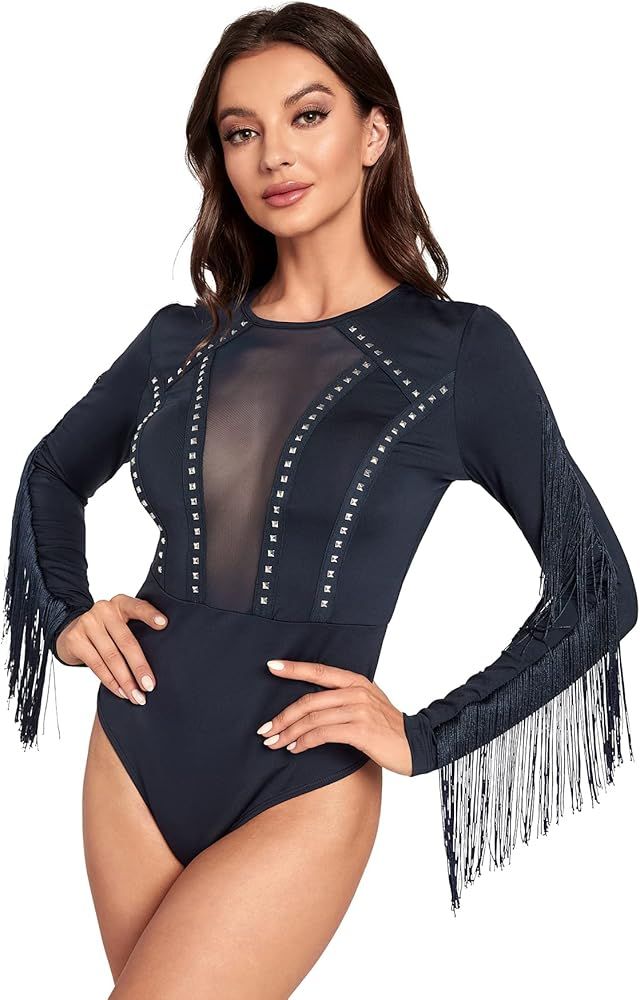 SweatyRocks Women's Cold Shoulder Fringe Long Sleeve Sheer Mesh Jumpsuit Bodysuit | Amazon (US)