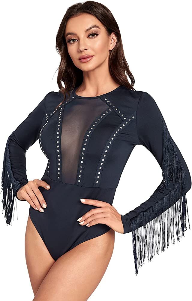 SweatyRocks Women's Cold Shoulder Fringe Long Sleeve Sheer Mesh Jumpsuit Bodysuit | Amazon (US)