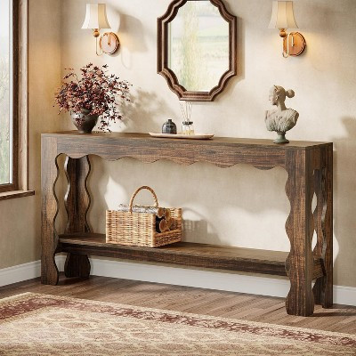 Lantine 63" Entryway Table, 2-Tier Console Table with Scalloped Legs, Rustic Sofa Table Behind Couch for Hallway, Living Room, Dark Brown | Target