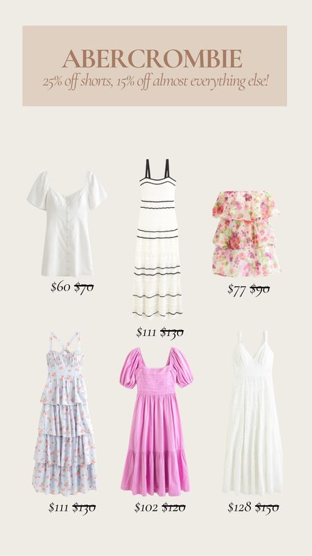 Rounded up some of my favorite dresses from the sale! 

Get 15% off almost everything and 25% off shorts, plus an additional 15% off shorts with code: AFSHORTS.

Abercrombie sale, spring dresses, dresses on sale, tiered maxi, mini dress, puff sleeve dress, trending fashion#LTKstyletip #LTKsalealert

#LTKSeasonal