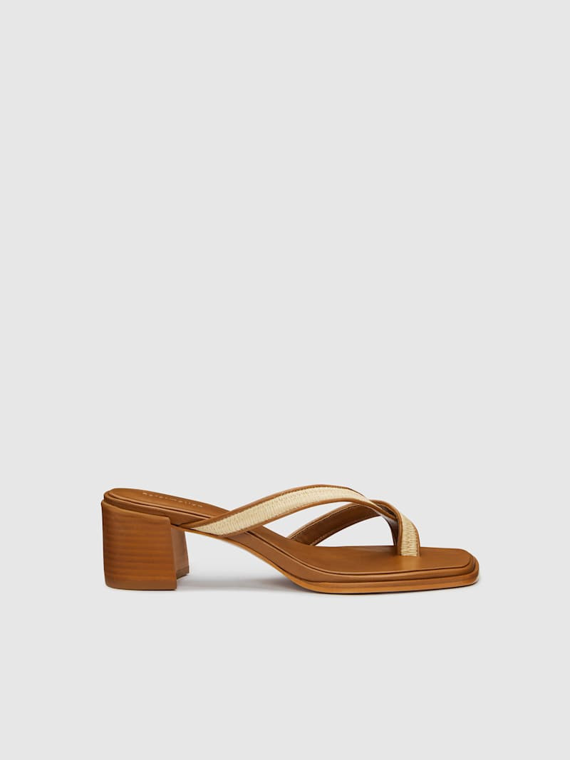 Reformation Sonoma Heeled Sandal Natural Raffia Rum Leather 10 | Reformation (Global)