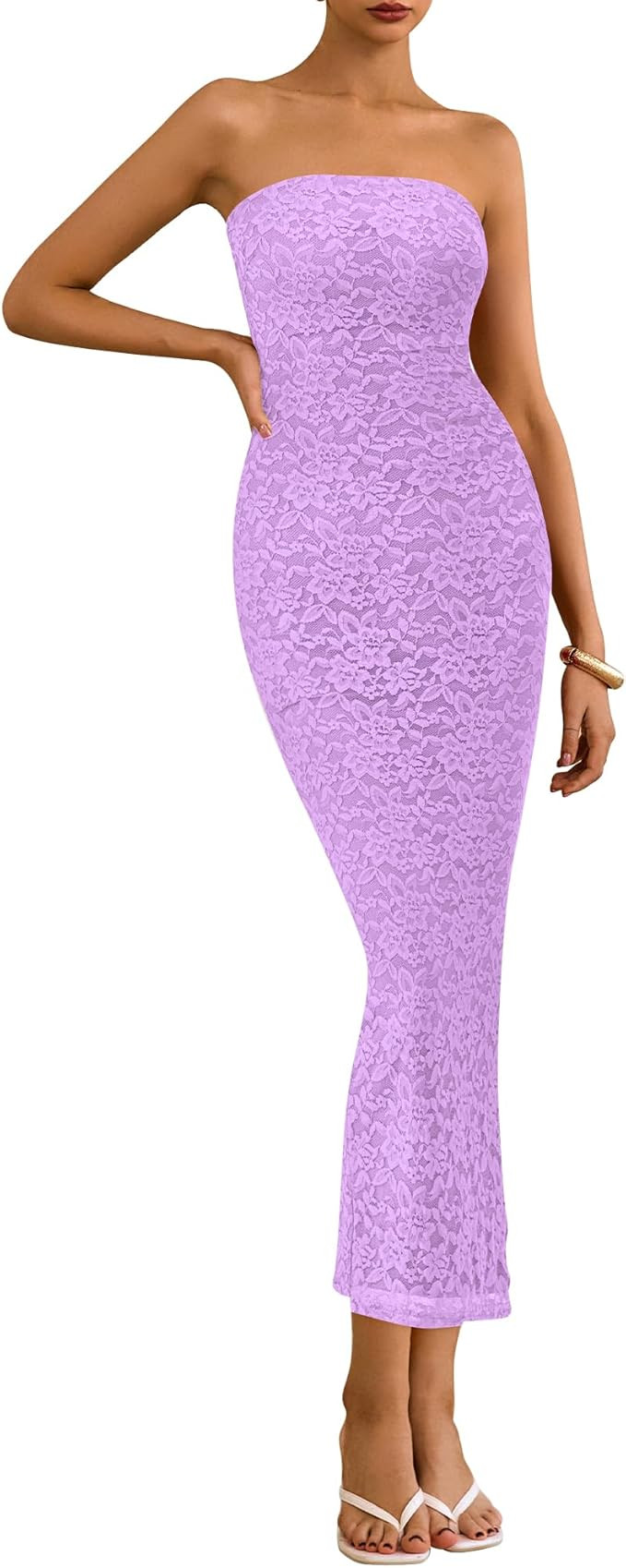 BTFBM Women Strapless Lace Formal Maxi Dress Summer Bodycon Tube Back Slit Cocktail Vacation Beac... | Amazon (US)