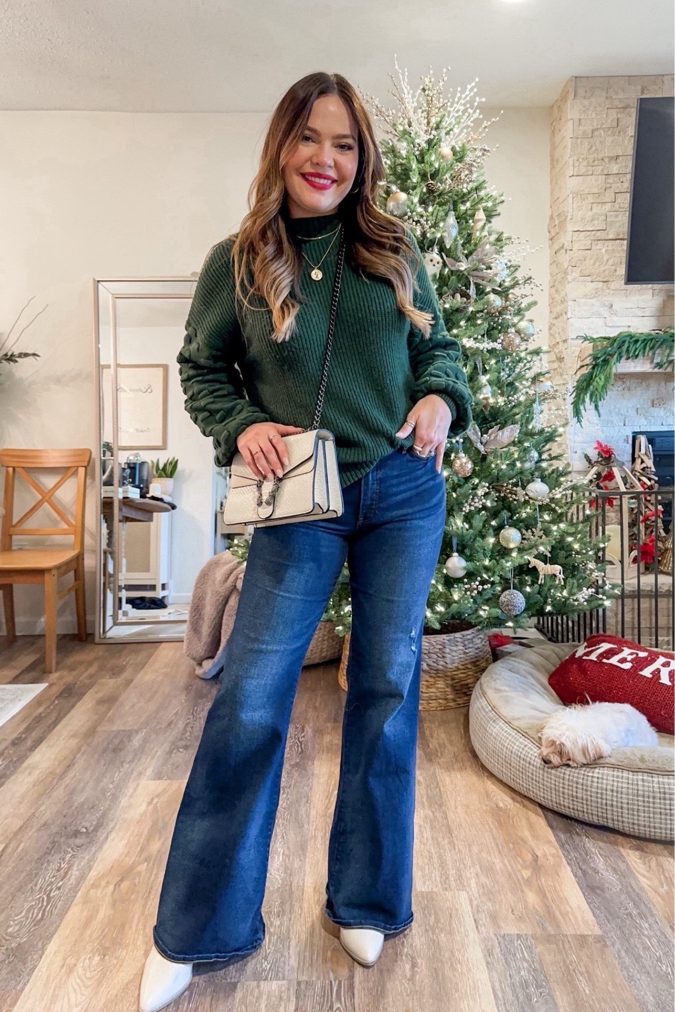 More casual but cute holiday outfit / flare jeans with cozy green sweater both tts and cream pointed ankle bootie. Red lip makes it’s more festive!

#LTKHoliday #LTKFindsUnder50 #LTKStyleTip