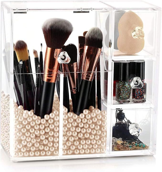 HBlife Makeup Brush Holder, Acrylic Makeup Organizer with 2 Brush Holders and 3 Drawers Dustproof... | Amazon (US)