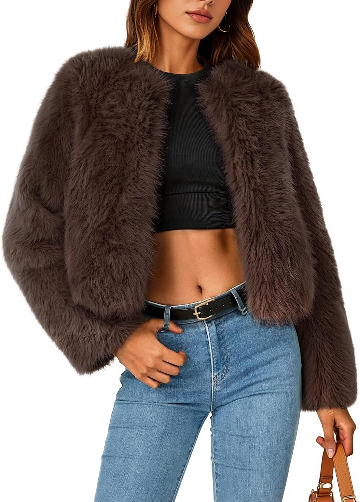 ZESICA Women's 2025 Winter Faux Fur Coats Fluffy Cropped Jacket Long Sleeve Shaggy Outerwear Fall... | Amazon (US)