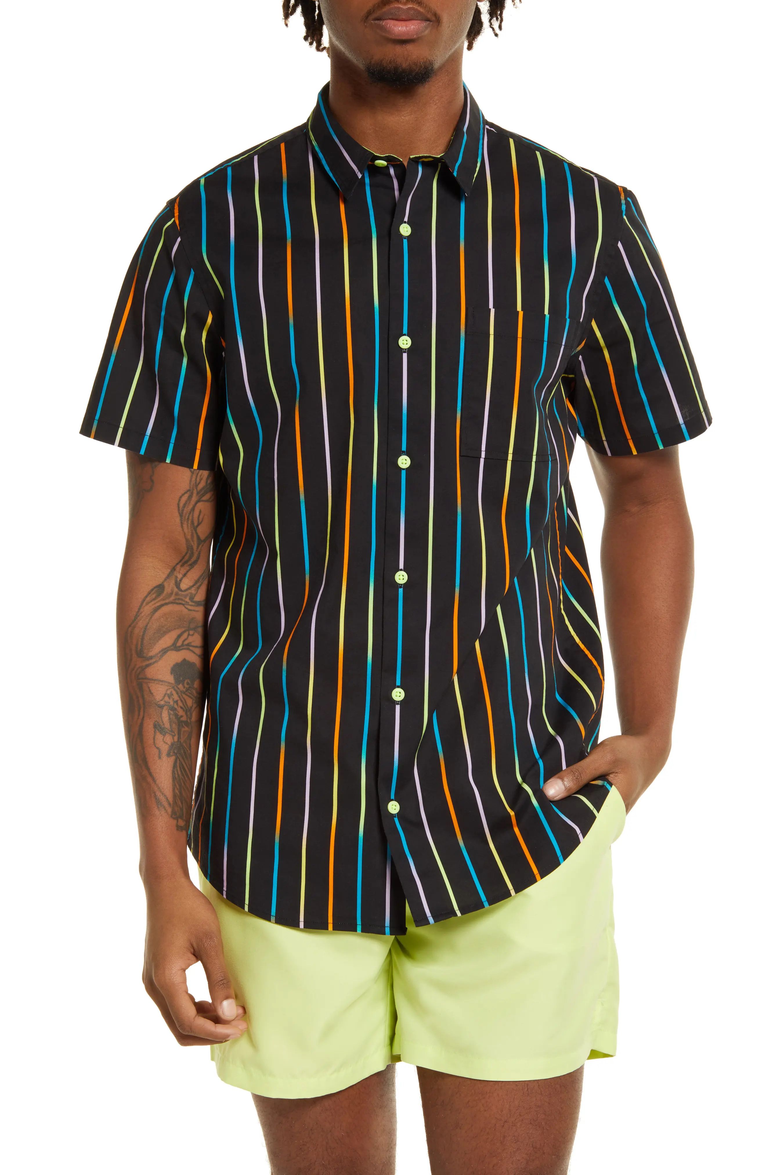 BP BE PROUD Gender Inclusive Pride Stripe Short Sleeve Button-Up Shirt in Black Prismatic Stripe at  | Nordstrom