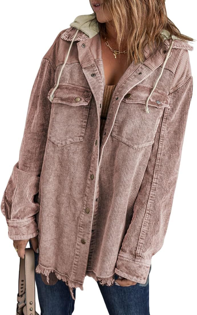 Dokotoo Womens 2023 Fall Corduroy Shacket Jacket Long Sleeve Button Down Color Block Hooded Coat ... | Amazon (US)