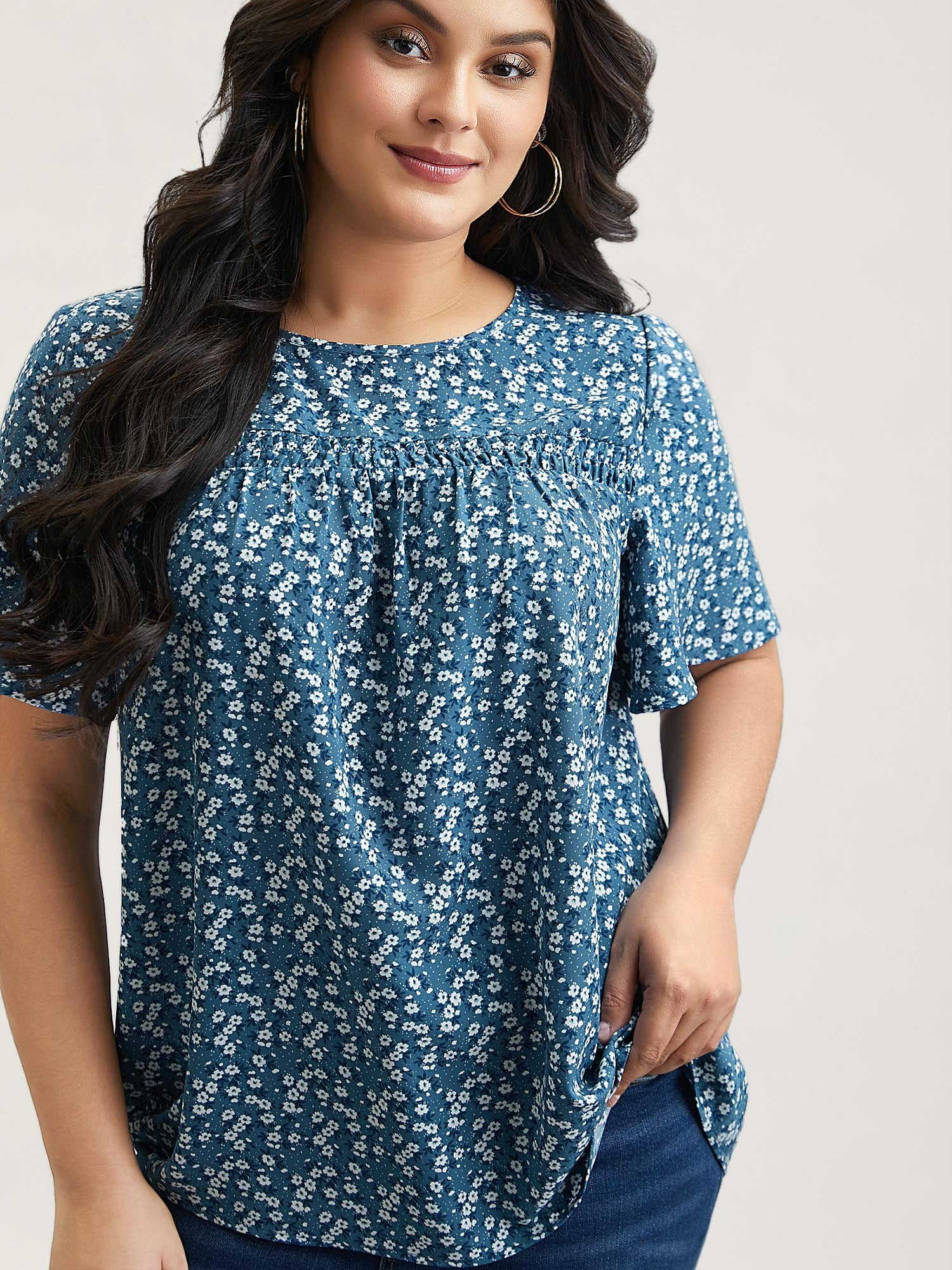 Floral Ruffle Sleeve Gathered Round Neck Blouse | Bloomchic