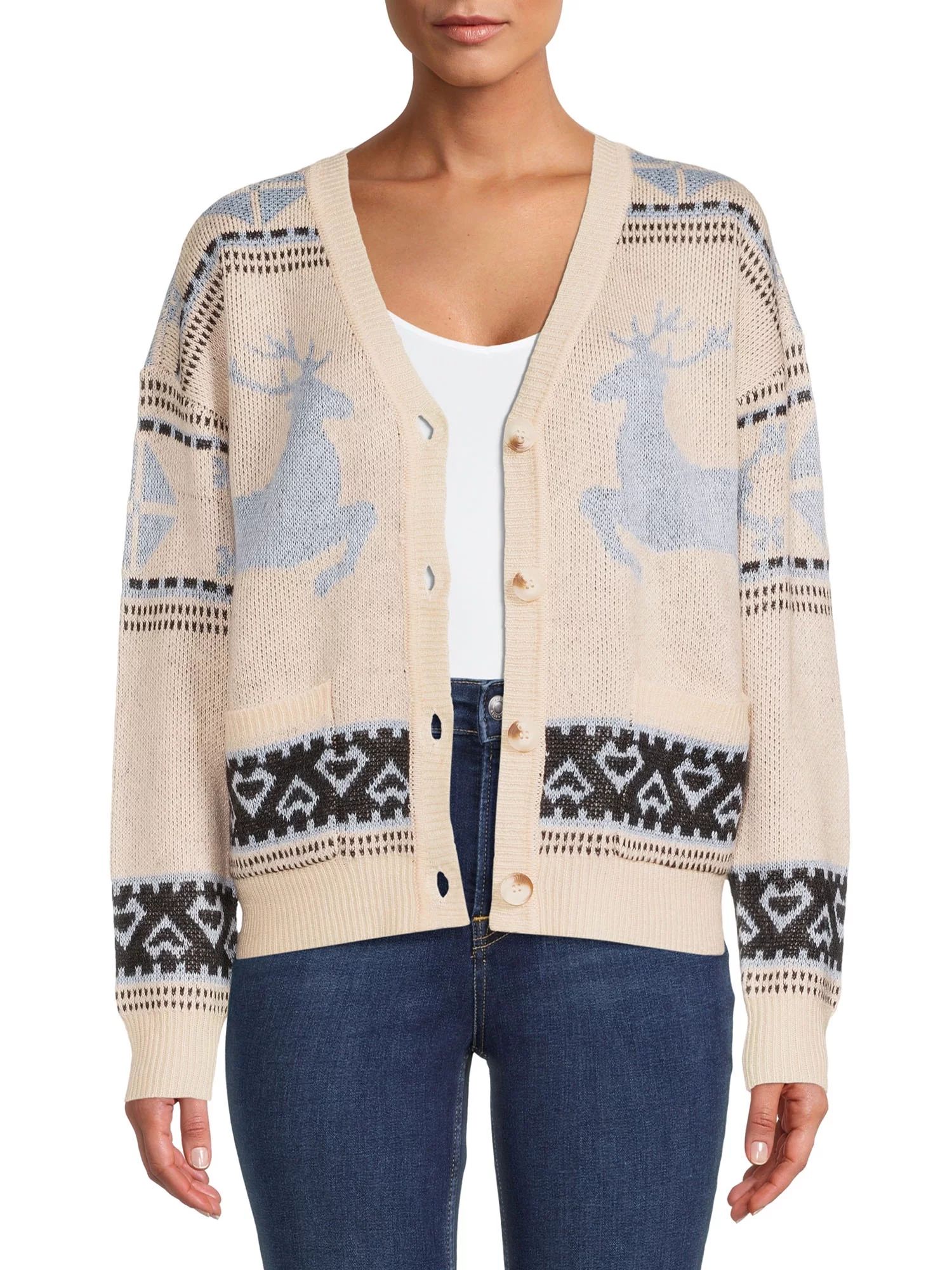 Love by Design Women's Juniors Deer Fair Isle Holiday Cardigan Sweater | Walmart (US)